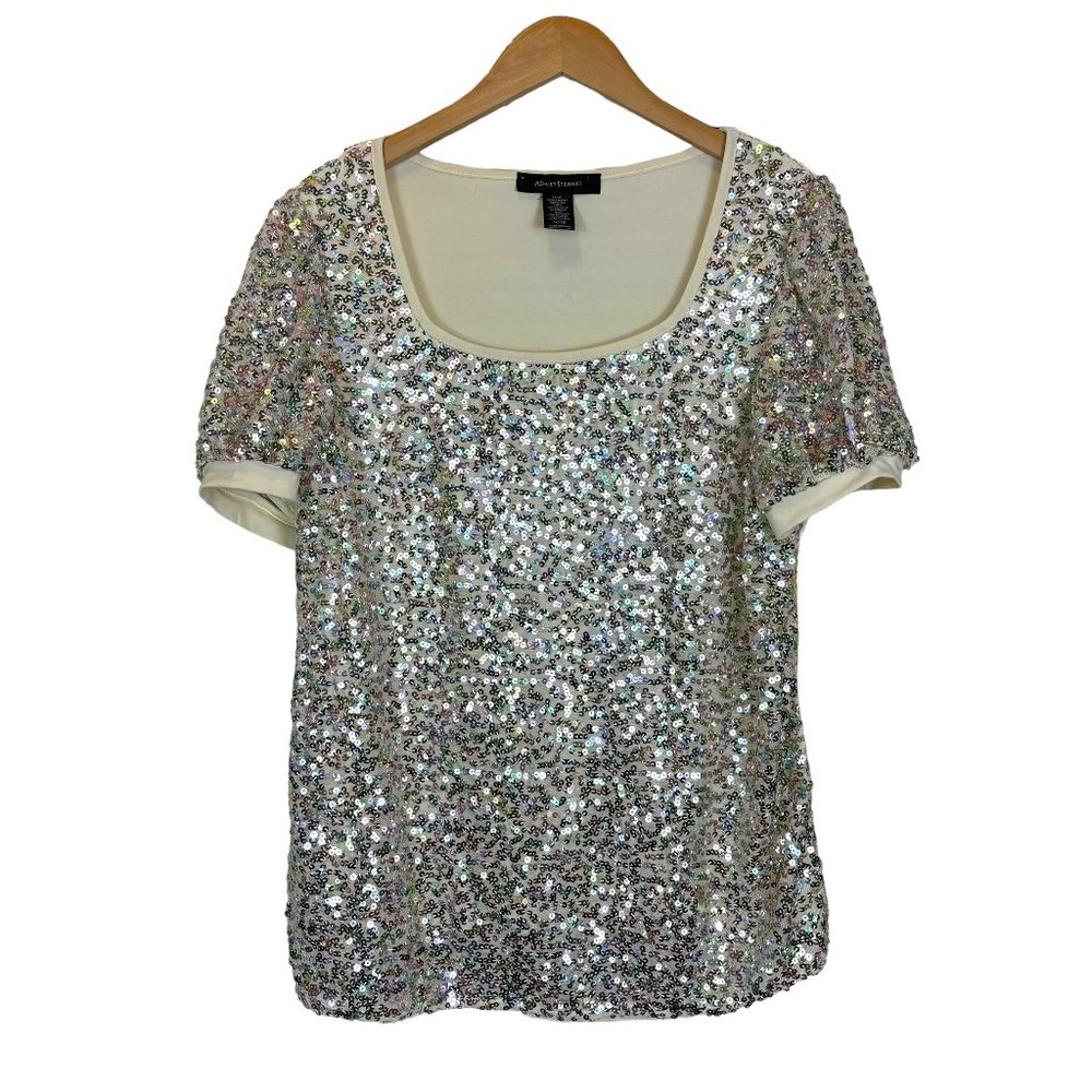 Ashley Stewart Silver Sequin Short Sleeve Scoop Neck Top